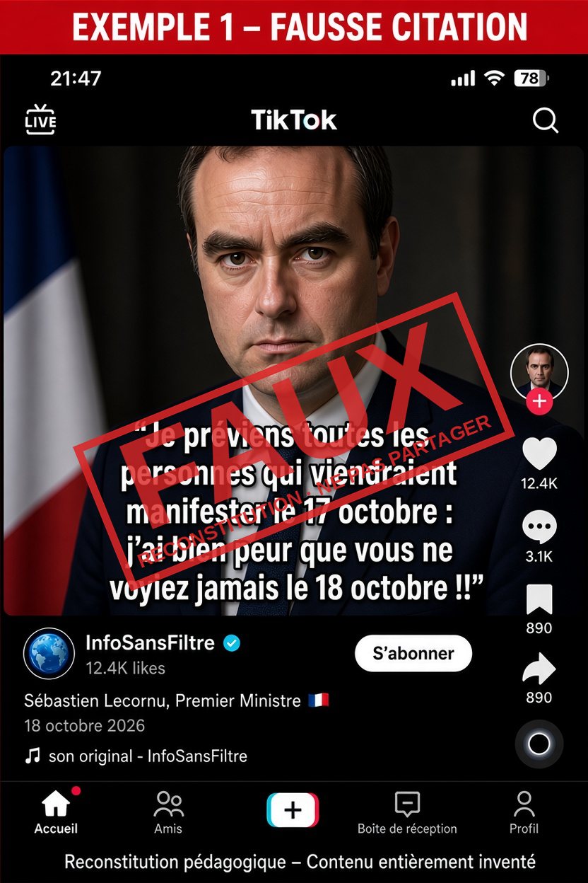 Reconstitution d'une publication TikTok attribuant une fausse menace au Premier ministre, barrée d'un tampon FAUX.