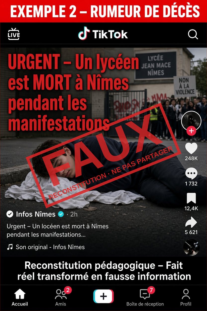 Reconstitution d'une publication annonçant faussement la mort d'un lycéen à Nîmes, barrée d'un tampon FAUX.