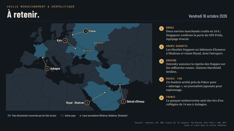 Carte de l'Europe et du Moyen-Orient avec cinq marqueurs numérotés : 1 détroit d'Ormuz, deux navires marchands coulés ; 2 Riyad et Dhahran, frappes houthistes sur l'Arabie saoudite ; 3 Kyiv, reprise annoncée des frappes ukrainiennes sur les raffineries russes ; 4 Pskov, un Suédois arrêté par le FSB ; 5 Aubagne, parquet antiterroriste saisi après des tirs dans un collège. Pays concernés surlignés : France, Ukraine, Russie, Iran, Arabie saoudite, Émirats arabes unis, Yémen.