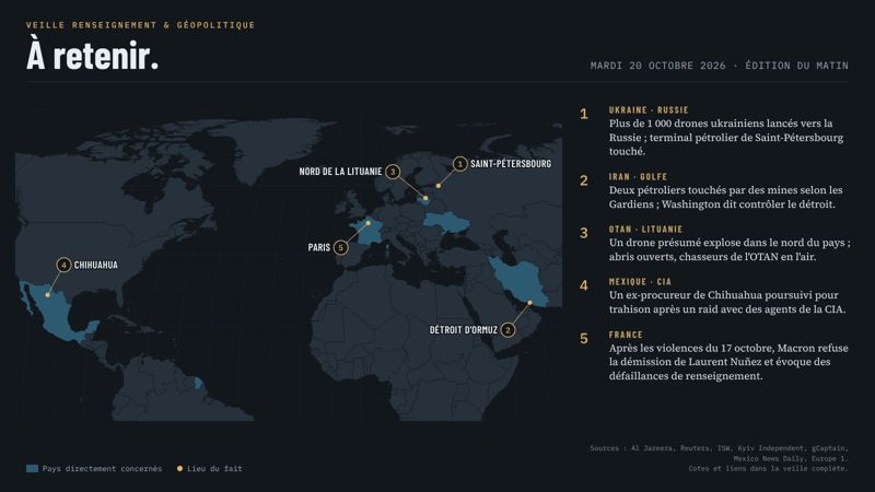 Carte de l'Europe, du Moyen-Orient et de l'Amérique du Nord. Cinq marqueurs numérotés : 1 Saint-Pétersbourg (frappe de drones ukrainiens), 2 détroit d'Ormuz (pétroliers touchés), 3 nord de la Lituanie (drone abattu ou explosé), 4 Chihuahua au Mexique (affaire CIA), 5 Paris (violences du 17 octobre). France, Lituanie, Mexique, Iran et Ukraine sont surlignés.